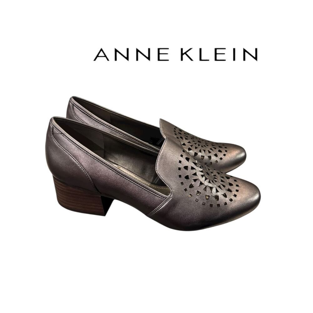 Anne Klein Bronze Metallic Women’s Jinni Perforated Heeled Loafers Size 10